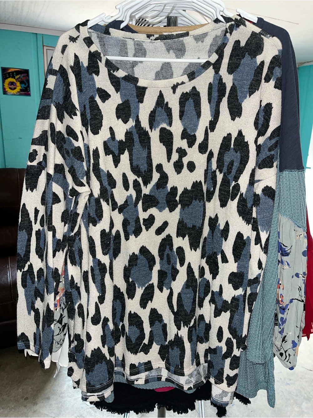 JODIFL Cream, Blue and Black Leopard Print Long Sleeve Top